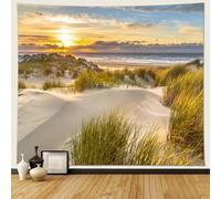 Musihy Tenture murale - 150 x 130 cm - Paysage de plage et coucher de soleil - Décoration murale pour chambre à coucher, salon, dortoir - Jaune/vert/beige