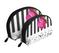 Musique De Piano Abstraite Et Fleurs De Rose Rouge, Trousse de Maquillage Coquille Femme Petit Porte-Monnaie Trousse de Toilette Trousse à cosmétiques 2 pièces