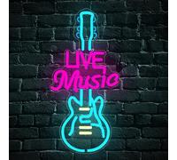 Musique Enseigne Lumineuse,Guitare Led Neon Mural,Live Music Neon Sign Déco Chambre pour Studio de Musique Chambre à Coucher Bar Club Home Pub Man Cave Party la Fête USB Powered（15.8"*8"）