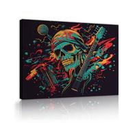 Musique guitare crâne oeuvre toile art mural coloré psychédélique squelette toile affiche peinture pour Halloween Maison Vie Salle à manger 65x85cm Cadre intérieur