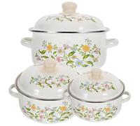 MUSISALY Lot de 3 Set de Marmites en Émail Mini Double Poignée, Fond Plat, Tailles 16-18-20 Cm, Batterie Cuisine Vintage pour Cuisson Soupe, Nouilles et Lait, Usage Quotidien et Cuisson