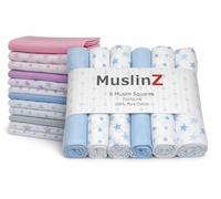 MuslinZ 6pk Baby Muslin Squares Burp Cloths 100% Pure Soft Cotton 70x70cm Blue Stars...