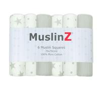 MuslinZ Lot de 6 bavoirs en mousseline pour bébé - Essentiel multi-usage pour nouveau-né - Doux et absorbant - 100 % coton - 70 x 70 cm (étoile grise)
