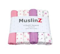 MuslinZ Lot de 6 langes carrés en mousseline de coton absorbants et respirants multi-usages pour nouveau-né - Taille L - 70 cm - Mélange rose vif et violet