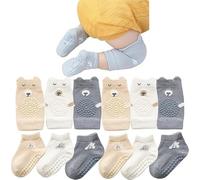 MUSLONG Lot de 3 paires de genouillères et chaussettes antidérapantes avec points en caoutchouc pour bébé, Petit ours, 6-12 mois