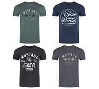MUSTANG Lot de 4 t-shirts d'été en coton pour homme - Coupe droite - Col rond - Manches courtes - Logo imprimé - Noir, blanc, gris, bleu, vert, S, M, L, XL, XXL, 3XL, 4XL, 5XL, 6XL, Mélange de