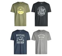 MUSTANG Lot de 4 t-shirts d'été en coton pour homme - Coupe droite - Col rond - Manches courtes - Logo imprimé - Noir, blanc, gris, bleu, vert, S, M, L, XL, XXL, 3XL, 4XL, 5XL, 6XL, Mélange de