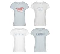 MUSTANG Lot de 4 t-shirts pour femme - Coupe ajustée - Col rond - Basic - Manches courtes - Logo imprimé - 100 % coton - Blanc, bleu, vert, rouge, tailles S, M, L, XL, XXL, Mélange de couleurs 3., L