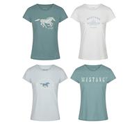 MUSTANG Lot de 4 t-shirts pour femme - Coupe ajustée - Col rond - Basic - Manches courtes - Logo imprimé - 100 % coton - Blanc, bleu, vert, rouge, tailles S, M, L, XL, XXL, Mélange de couleurs 2., L