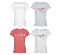 Mustang Lot de 4 t-shirts pour femme, coupe ajustée, col rond, basique, manches courtes, logo imprimé, 100 % coton, blanc, bleu, vert, rouge, S, M, L, XL, XXL, Mélange de couleurs 6, M