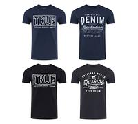 Mustang Lot de 4 t-shirts pour homme avec imprimé sur le devant et col rond - Mélange de couleurs bleu et noir - Multicolore - X-Large