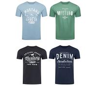 MUSTANG Lot de 4 t-Shirts pour Homme avec imprimé sur Le Devant et col Rond - Mélange de Couleurs Bleu et Noir - Multicolore - Large - Mélange de Couleurs (P21)