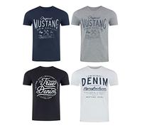 Mustang Lot de 4 t-shirts pour homme avec imprimé sur le devant et col rond - Mélange de couleurs bleu et noir - Multicolore - XX-Large