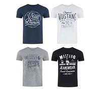 Mustang Lot de 4 t-shirts pour homme avec imprimé sur le devant et col rond - Mélange de couleurs bleu et noir - Multicolore - Large