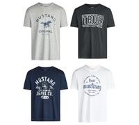 MUSTANG Lot de 4 t-Shirts pour Homme avec imprimé sur Le Devant et col Rond - Mélange de Couleurs Bleu et Noir - Multicolore - Small - Mélange de Couleurs (P1)