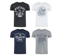 Mustang Lot de 4 t-shirts pour homme avec imprimé sur le devant et col rond - Mélange de couleurs bleu et noir - Multicolore - X-Large