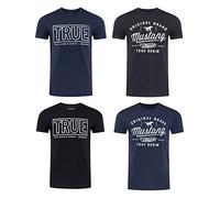 Mustang Lot de 4 t-shirts pour homme avec imprimé sur le devant et col rond - Mélange de couleurs bleu et noir - Multicolore - X-Large