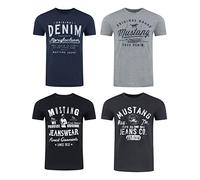 Mustang Lot de 4 t-shirts pour homme avec imprimé sur le devant et col rond - Mélange de couleurs bleu et noir - Multicolore - Medium