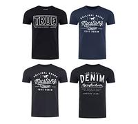 Mustang Lot de 4 t-shirts pour homme avec imprimé sur le devant et col rond - Mélange de couleurs bleu et noir - Multicolore - Medium