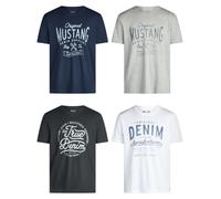 MUSTANG Lot de 4 t-Shirts pour Homme avec imprimé sur Le Devant et col Rond - Mélange de Couleurs Bleu et Noir - Multicolore - Small - Mélange de Couleurs (P1)