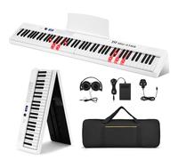 MUSTAR Piano numérique pliable 88 touches avec touches éclairées, piano numérique semi-poids, piano électronique portable avec Bluetooth, MIDI, pédale de sustain, casque pour débutants, blanc