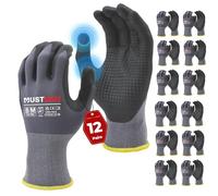 Mustbau 12 Paires Gants de Travail à Écran Tactile avec Points perlés noirs, Gants Nitrile Résistants à l'Abrasionet Ventilé Idéal pour Travaux, Jardinage, Mécanique, Chantier (Gris,M)