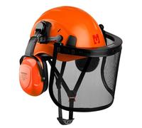 Mustbau Casque de Sécurité pour Tronçonneuse, Casque de Protection avec Coquilles Antibruit et Visière en Maille, 53 à 63cm Tour de Tête Réglable Convient pour Forestière, Chantier, Travail - Orange