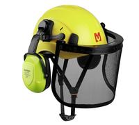 Mustbau Casque de Sécurité pour Tronçonneuse, Casque de Protection avec Coquilles Antibruit et Visière en Maille, 53 à 63cm Tour de Tête Réglable Convient pour Forestière, Chantier, Travail - Vert