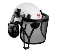 Mustbau Casque de Sécurité pour Tronçonneuse, Casque de Protection avec Coquilles Antibruit et Visière en Maille, 53 à 63 cm Tour de Tête Réglable Convient pour Forestière, Chantier, Travail