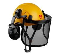 Mustbau Casque de Sécurité pour Tronçonneuse, Casque de Protection avec Coquilles Antibruit et Visière en Maille, 53 à 63cm Tour de Tête Réglable Convient pour Forestière, Chantier, Travail - Jaune