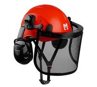 Mustbau Casque de Sécurité pour Tronçonneuse, Casque de Protection avec Coquilles Antibruit et Visière en Maille, 53 à 63cm Tour de Tête Réglable Convient pour Forestière, Chantier, Travail - Rouge