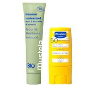 Mustela Routine Hiver Baume Universel Bio 75 ml + Stick SPF50 9 ml | Protège du froid et du soleil au ski : baume pour lèvres gercées et joues + stick solaire SPF50 nomade
