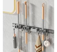 MUSTORN Accroche Balai Mural Adhesif, Support Balais Mural Sans Percer Support De Vadrouille Clip De Rangement Pour Serpillière De Salle De Bain Avec 4 Mobile Supports Et 5 Crochets(Gris)