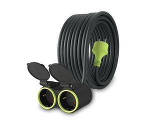 MutecPower 15m Rallonge avec 2 Prises Schuko pour Usage extérieur Câble étanche IP44 H05RR-F3G 1,5 mm² Double rallonge 2 Prises Prolongateur électrique pour l'extérieur à 2 Voies 15 mètres Noir/Vert