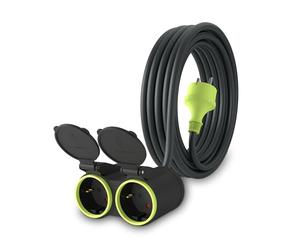 MutecPower 5m Rallonge avec 2 Prises Schuko pour Usage Câble étanche IP44 H05RR-F3G 1,5 mm² Double rallonge 2 Prises Prolongateur électrique pour l'extérieur à 2 Voies 5 mètres Noir/Vert