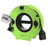 MutecPower enrouleur de câble avec rallonge Schuko de 25 m, prise ultra-plate avec languette rabattable, H05VV-F 3G1.5, 16A/250V, IP20 pour intérieur - vert, portable, enroulable et montable au mur