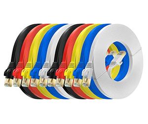MutecPower paquet de 10 câbles Cat7 Ethernet à 5 mètres - ULTRA PLAT et FLEXIBLE avec prises RJ45 - SSTP - 600 MHz - 5m - Rouge/jaune/bleu/noir/blanc avec serre-câbles et clips