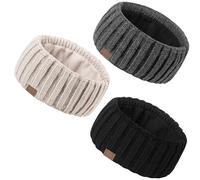 MUTKIS Lot de 3 bandeaux d'hiver pour femme, cache-oreilles pour femme, bandeau tricoté en laine épaisse doublé en polaire, cache-oreilles chauds pour temps froid, noir, beige et gris foncé, 1 pièce