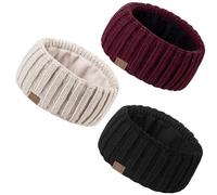 MUTKIS Lot de 3 bandeaux d'hiver pour femme, cache-oreilles pour femme, bandeau tricoté en laine épaisse doublé en polaire, cache-oreilles chauds pour temps froid (noir, beige et bordeaux)
