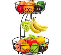 Mutool Corbeille à fruits à 2 niveaux avec cintre à bananes, étagère à fruits de bureau avec bananier en métal pour garder les fruits et légumes frais (noir) (panier à fruits à 2 niveaux)