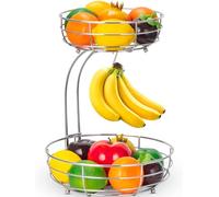 Mutool Corbeille à fruits à 2 niveaux, étagère à fruits amovible avec crochet à banane, bols de cuisine en fil métallique pour fruits, légumes, pain, collations (argenté)