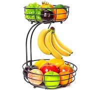 Mutool Corbeille à fruits, bol à fruits à 2 niveaux avec cintre pour bananes, étagère à fruits et légumes, bols en métal, parfaits pour contenir des fruits, des collations, des cupcakes (noir)