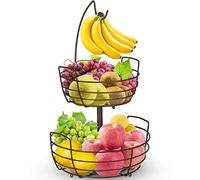 Mutool Étagère à fruits à 2 niveaux avec crochet banane - Corbeilles à fruits en métal avec crochet banane - Étagère de rangement pour fruits, légumes, collations, pain, bronze