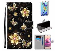 MUTOUREN Coque pour Xiaomi Redmi Note 10 4G/Redmi Note 10S Housse en PU Cuir Étui avec Fente Carte Folio Wallet Case Flip Cover Protection, avec 1* Protecteur d'écran - Papillons et Fleurs