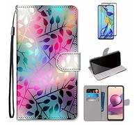 MUTOUREN Coque pour Xiaomi Redmi Note 10 4G/Redmi Note 10S Housse en PU Cuir Étui avec Fente Carte Folio Wallet Case Flip Cover Protection, avec 1* Protecteur d'écran - Feuilles colorées