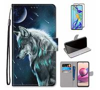 MUTOUREN Coque pour Xiaomi Redmi Note 10 4G/Redmi Note 10S Housse en PU Cuir Étui avec Fente Carte Folio Wallet Case Flip Cover Protection, avec 1* Protecteur d'écran - Lune et Loup
