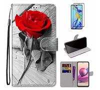 MUTOUREN Coque pour Xiaomi Redmi Note 10 4G/Redmi Note 10S Housse en PU Cuir Étui avec Fente Carte Folio Wallet Case Flip Cover Protection, avec 1* Protecteur d'écran - Rose Rouge