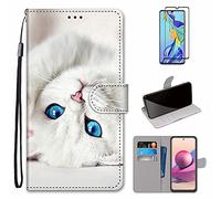 MUTOUREN Coque pour Xiaomi Redmi Note 10 Pro/Note 10 Pro Max Housse en PU Cuir Étui avec Fente Carte Folio Wallet Case Flip Cover Protection, avec 1* Protecteur d'écran - Chat Blanc