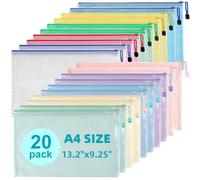 Mutsitaz Pochette Plastique A4, 20PCS Pochette Zippée, PVC Mesh Zipper Pouch Document Wallet, Pochette Rangement pour Voyage, Fournitures, Bureau etc. (10 Couleurs)
