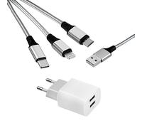 Mutto Adaptateur de Voyage 3 en 1 - Chargeur USB Multi-Universel avec Prises USB-C, Micro USB et Lightning - Câble Inclus